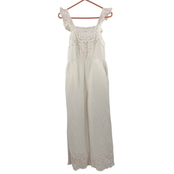 BY ANTHROPOLOGIE Jumpsuit SZ Extra Small NWT Linen Blend Ivory Eyelet Floral - Picture 4 of 16